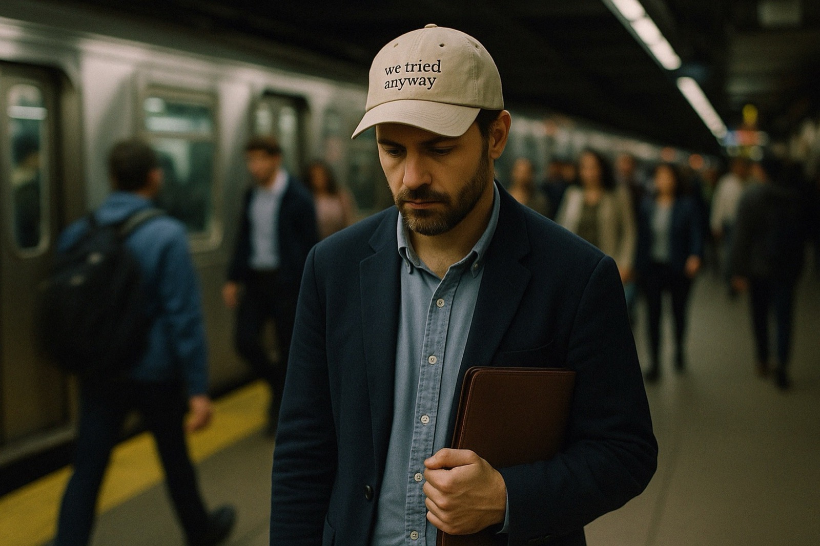 Editorial photograph of a cap in a subway station